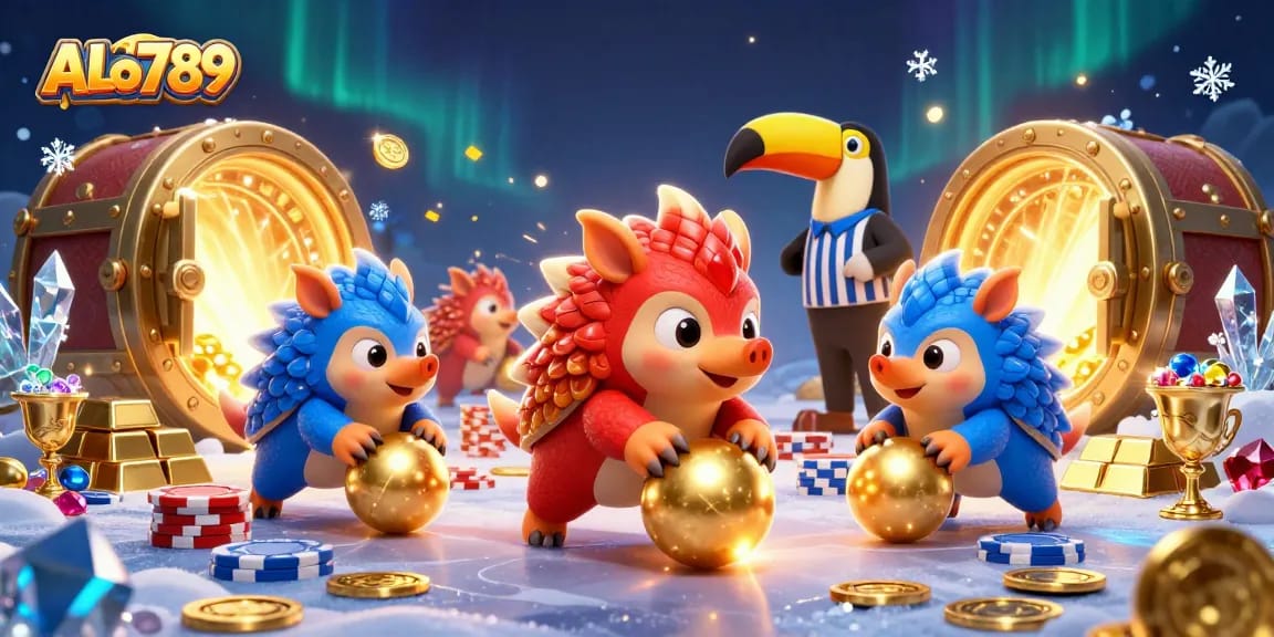 ALo789 pangolins bowling through poker chips in a colorful casino scene.
