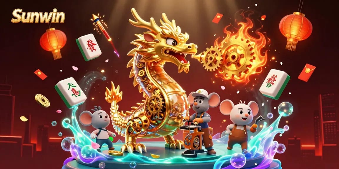 Experience winning moments at Sunwin with this vibrant illustration of a golden dragon and gaming elements.