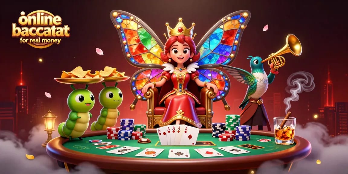 Engage with online baccarat for real money in a colorful casino scene featuring a butterfly queen and more.