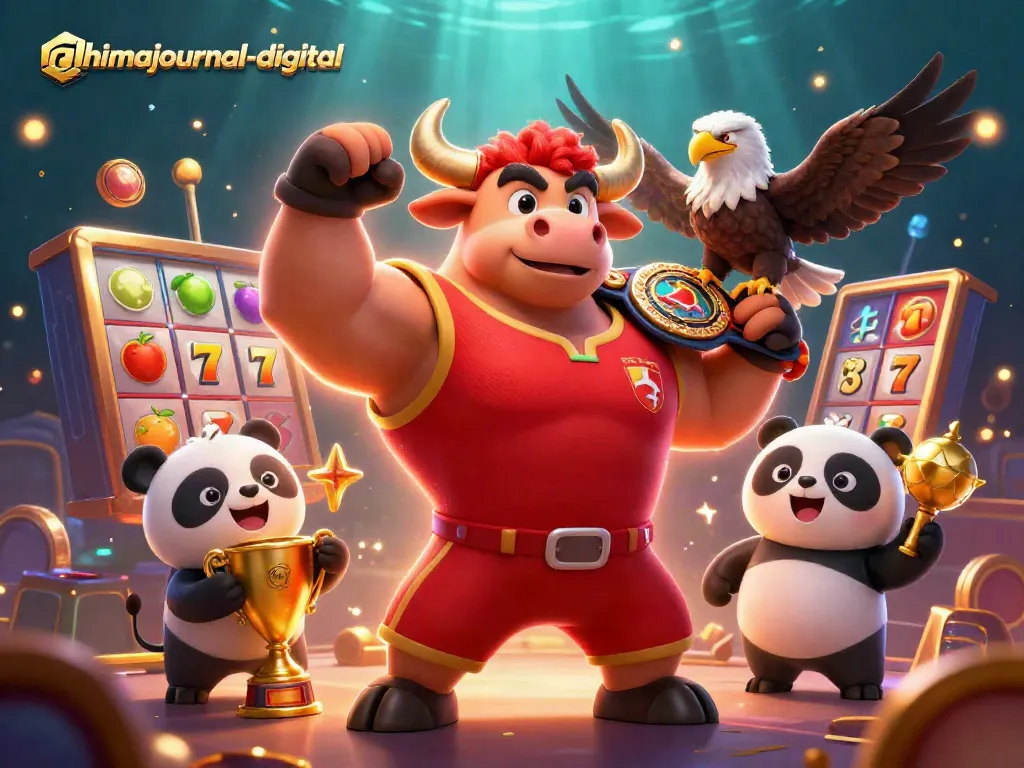 Engage with ahimajournal-digital's vibrant slot game scene showcasing a triumphant mascot and dynamic elements.