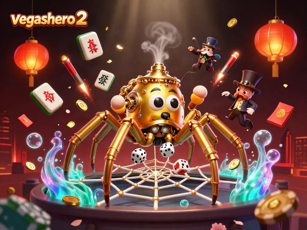 Engage in the excitement of winning at VegasHero 2 with the vibrant steampunk-themed illustration of a spider, dice, and colorful casino elements.