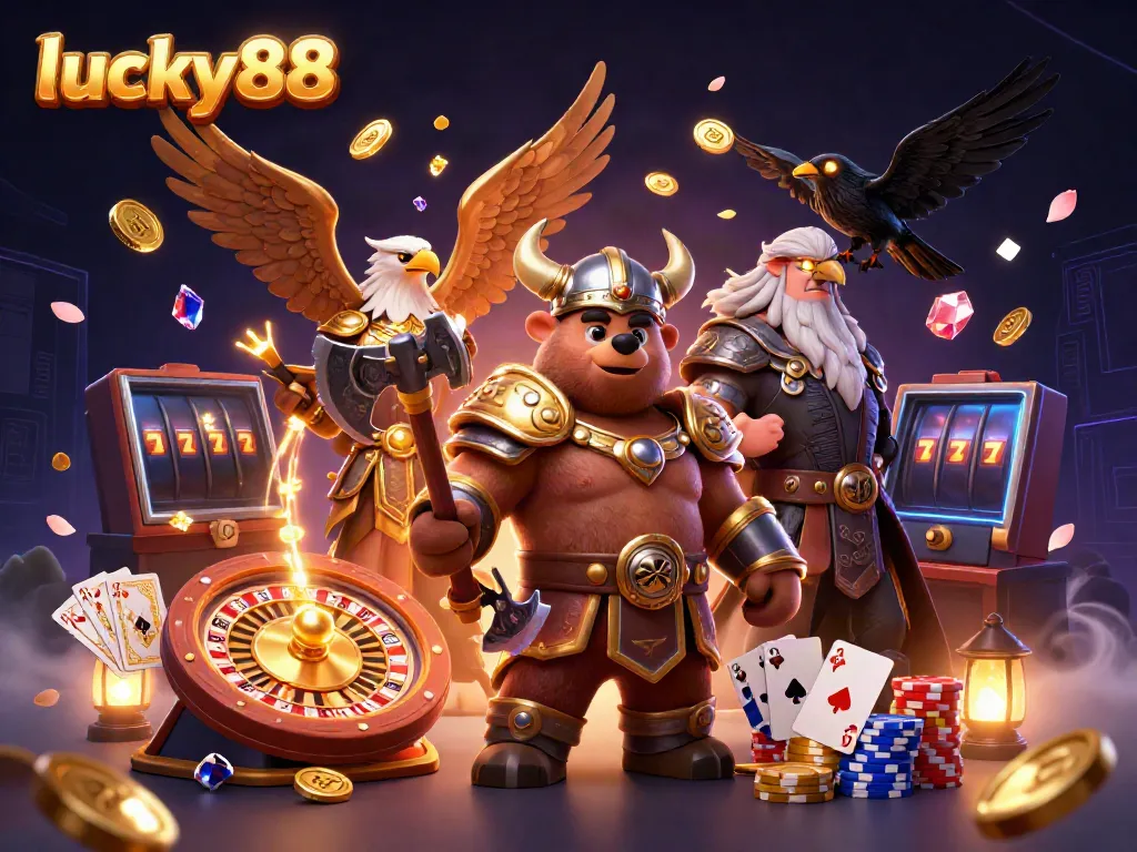 Experience the thrill of winning with lucky88, showcasing a lively casino scene with dynamic characters and game elements.