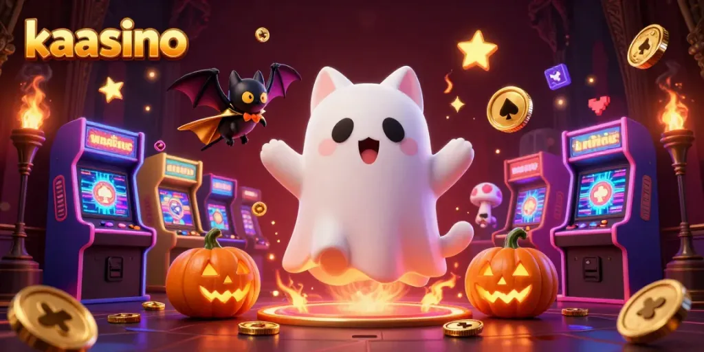 Experience the magic of kaasino with a ghost cat and bat in a haunted casino setting.