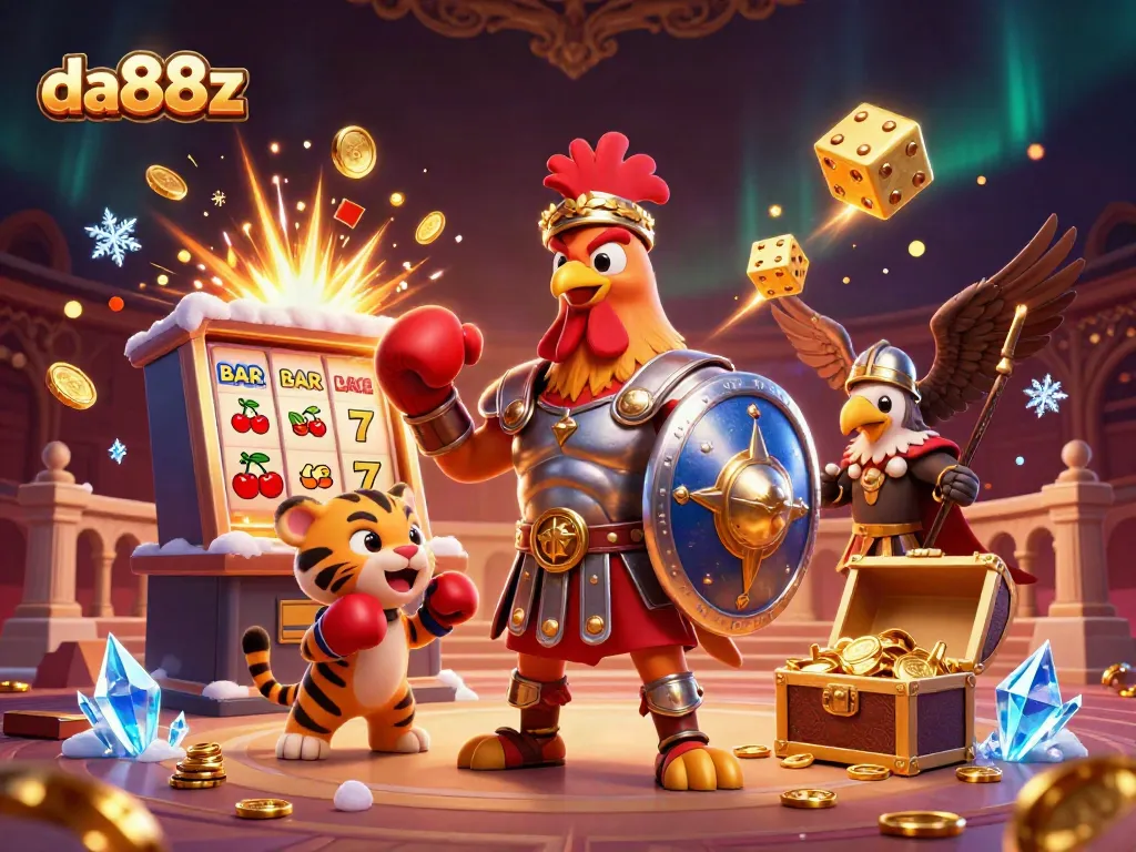 Experience the thrill of da88z with a dynamic casino-themed 3D illustration showcasing vibrant slot machine action.