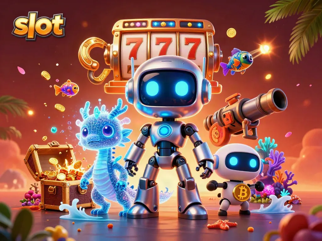 Experience vibrant slot gameplay with a cyberpunk robot mascot, holographic AI dragon, and drone assistant.