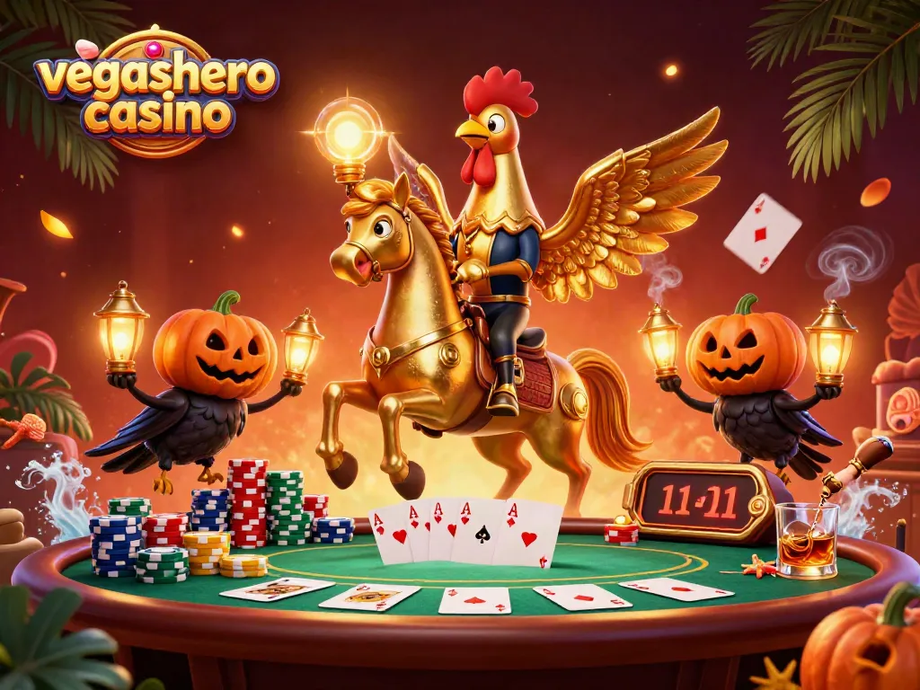 Experience thrilling gameplay at vegashero casino with a golden rooster riding a spectral horse amidst vibrant casino elements.