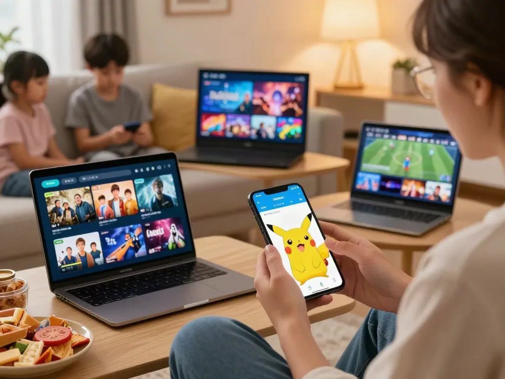 Person enjoying the Pikachu App on a smartphone surrounded by family, showcasing features of https://pickashowapp.com/pikachu-app2/ in a cozy living room.