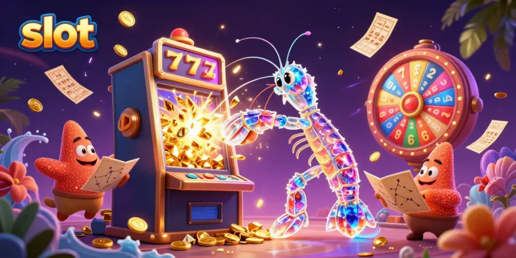 Engaging scene showcasing a vibrant slot machine explosion with gold coins amidst an imaginative casino-themed illustration.