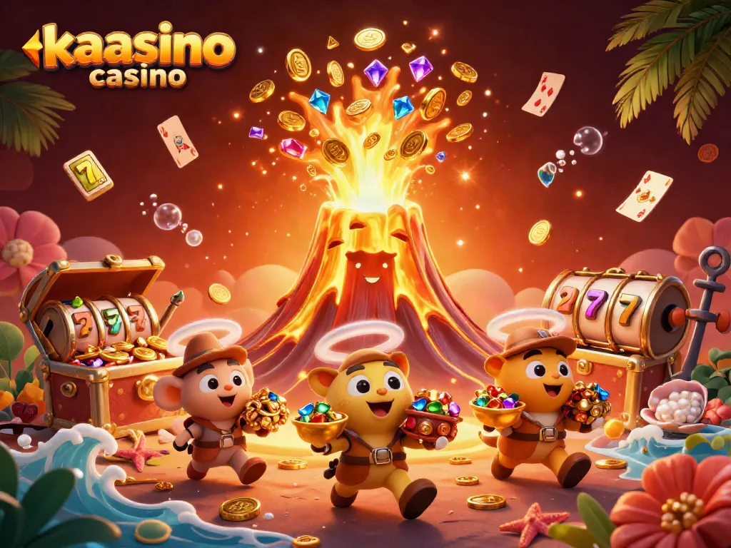 Kaasino casino offers thrilling slots and wins amidst a vibrant, packed treasure scene.