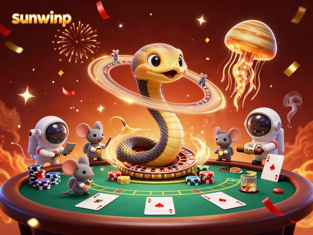 Experience thrilling bets at sunwinp with cartoon characters and vibrant casino elements.