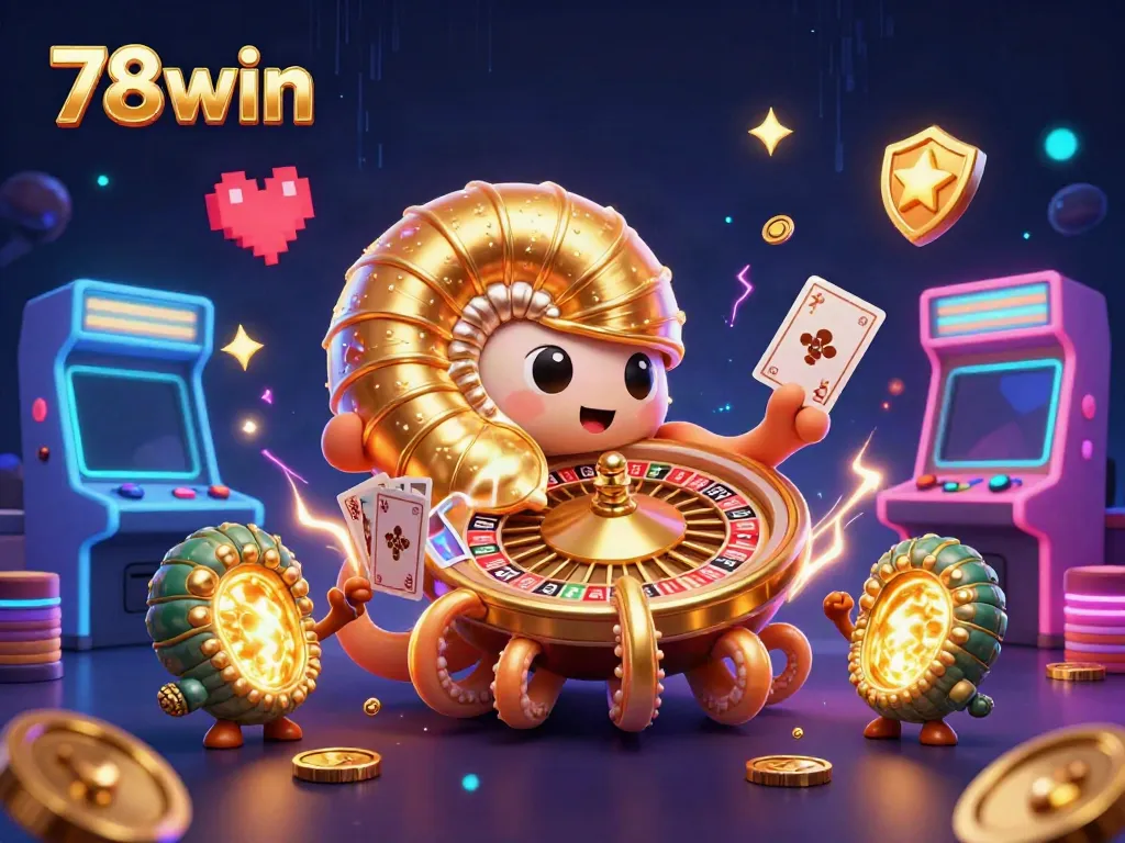 Experience the excitement of 78win with a vibrant scene of casino fun featuring a giant nautilus as a roulette wheel.