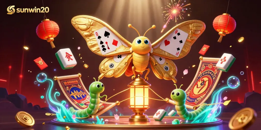 Join the sunwin20 experience with vibrant 3D casino elements featuring golden moths and mahjong.