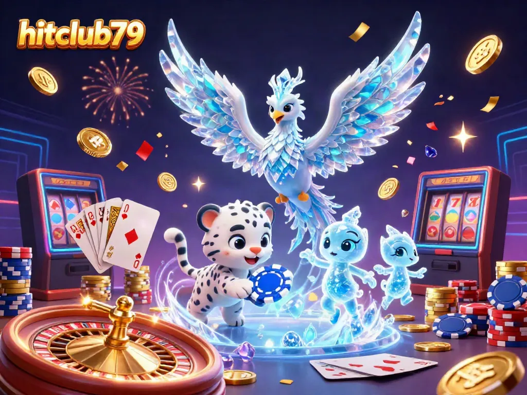 Experience the excitement at hitclub79 with an enchanting 3D illustration showcasing vibrant casino elements and mythical characters.