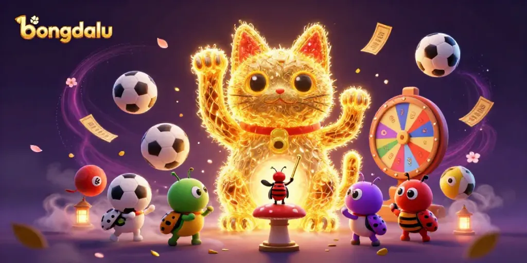 Bongdalu brings to life a vibrant scene with lucky cat fireflies and sports symbols in a dynamic sports betting illustration.