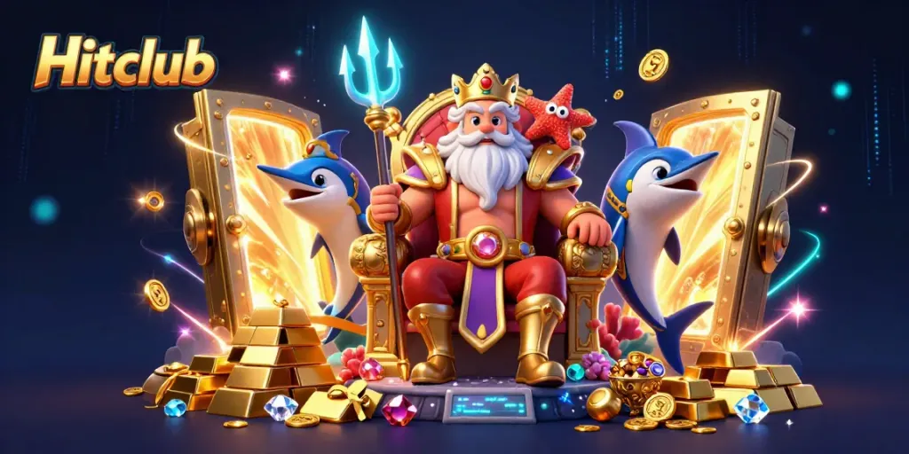 Hitclub showcases a vibrant 3D scene featuring Neptune surrounded by treasure and gaming elements.