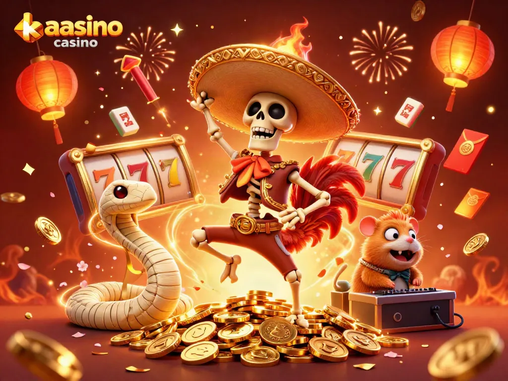 Kaasino casino features a vibrant victory dance scene with a mariachi rooster, surrounded by lively casino elements.